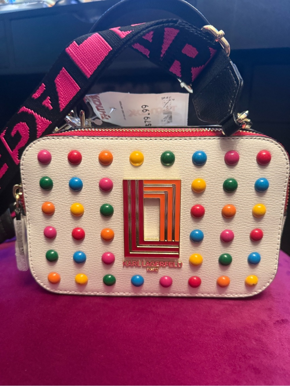 Karl Lagerfeld White Crossbody Bag with Multicolor Studs and Pink Logo Strap